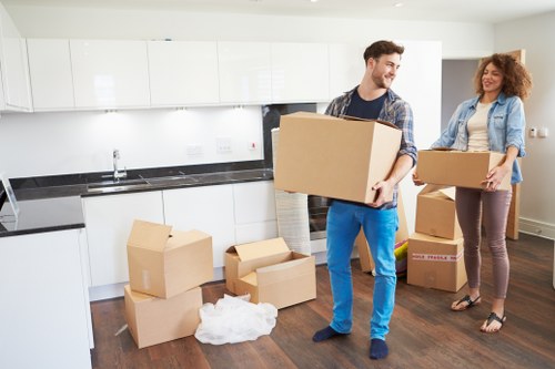 Packed office equipment ready for local relocation