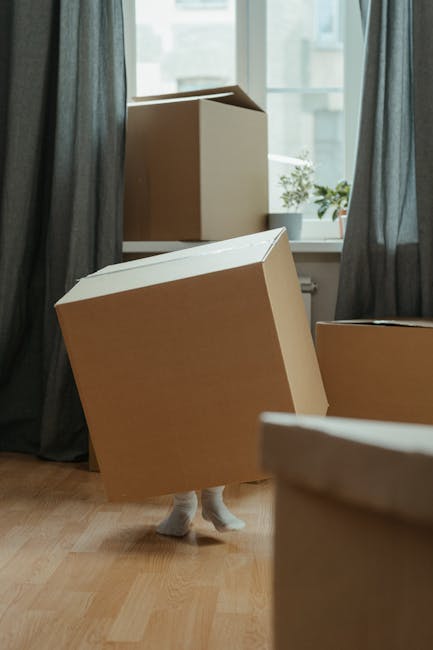 Inside a residential property during a home relocation process, several large cardboard boxes are visible, with one being carried by a person whose feet are partially shown, wearing socks. The boxes are of various sizes and are made of brown corrugated cardboard, some taped shut with packing tape. They are positioned on a wooden floor near a large window with sheer curtains drawn to the side, allowing natural daylight to illuminate the room. The window sill holds small potted plants, and the background reveals an urban exterior scene. The boxes appear to be in the process of being loaded or unpacked, indicating a moving or packing activity. The environment suggests a professional removals service, such as those provided by Man with Van Southfields, focused on efficient furniture transport and packing during a house move. The image captures elements associated with careful handling and organized packing involved in house removals and relocation logistics.